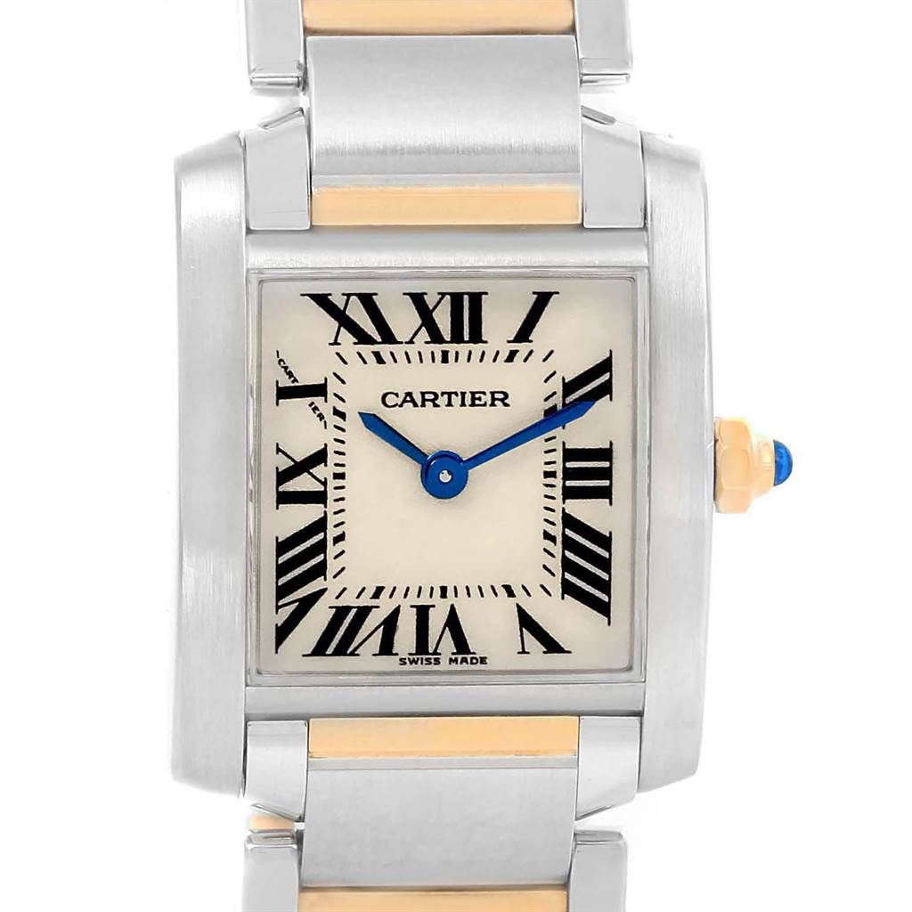 The image shows a front view of the Cartier Tank Francaise W51007Q4 Women's Steel and Gold (two tone) Silver Dial W51007Q4 Women's Steel and Gold (two tone) Silver Dial watch, highlighting the face, Roman numerals, and part of the bracelet.