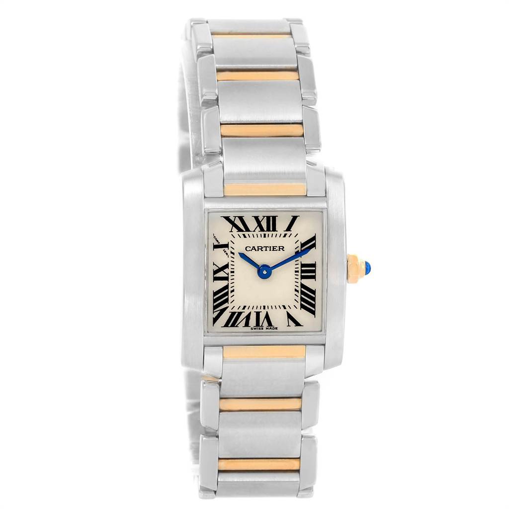 The image shows a front view of a Cartier Tank Française watch, featuring a metal bracelet with gold accents.