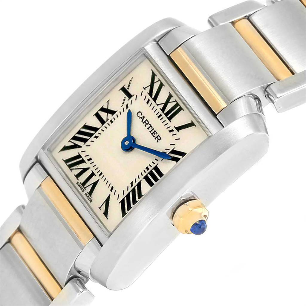 The image shows a close-up angled view of the Cartier Tank Francaise W51007Q4 Women's Steel and Gold (two tone) Silver Dial W51007Q4 Women's Steel and Gold (two tone) Silver Dial watch, highlighting the face, crown, and part of the band.