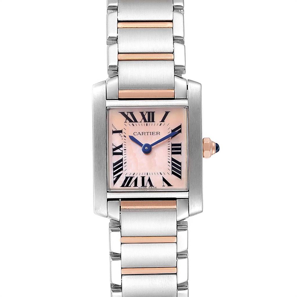 The Cartier Tank Française watch is shown from a top view, highlighting its face, case, and metal bracelet.