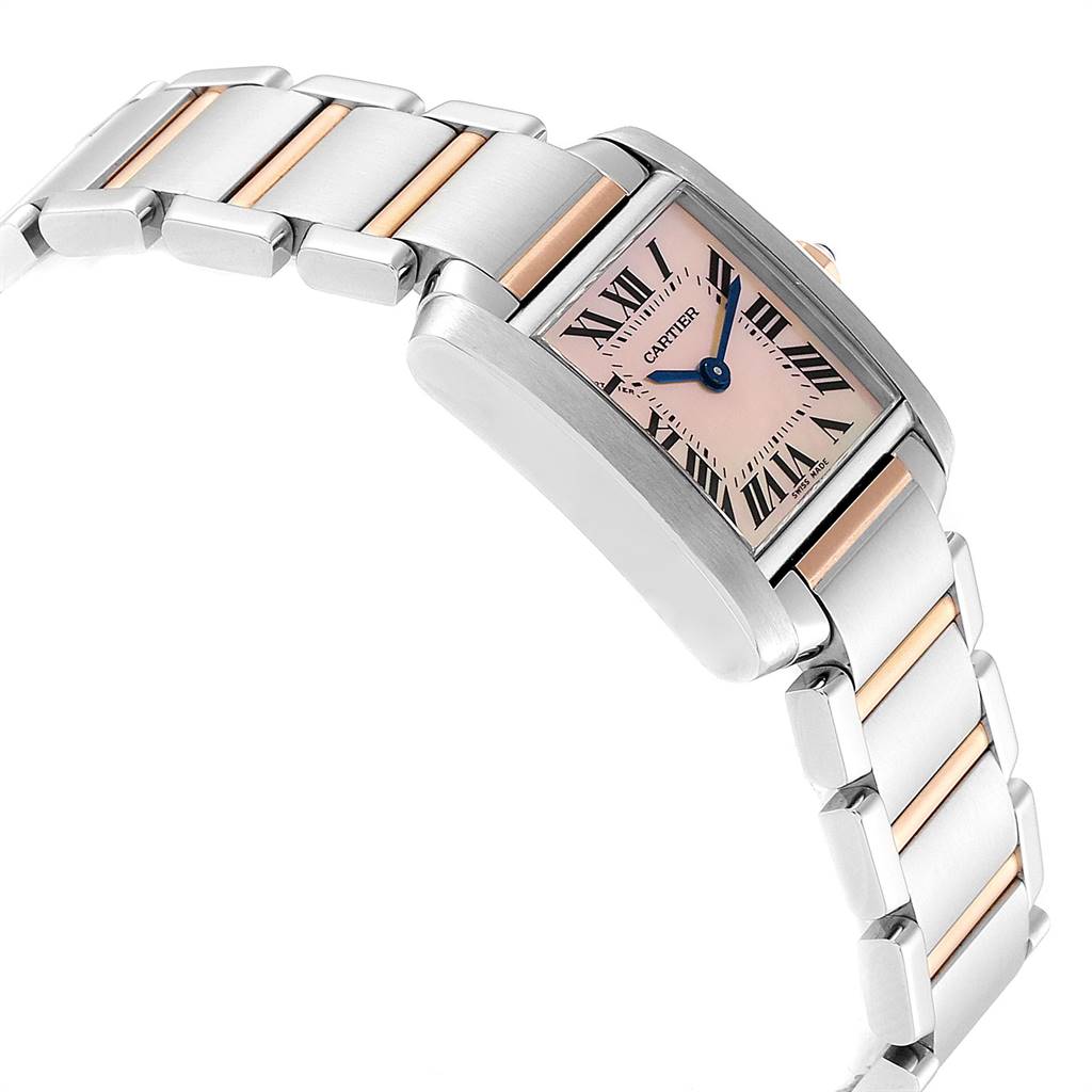 The image shows a Cartier Tank Francaise W51027Q4 Women's Steel and Gold (two tone) Mother of Pearl Dial W51027Q4 Women's Steel and Gold (two tone) Mother of Pearl Dial watch angled to display its face, bracelet, and side profile.