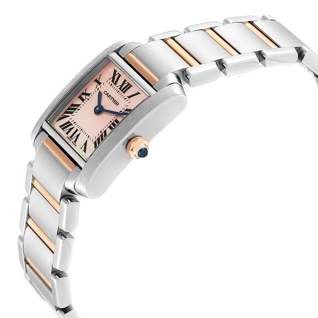 The image shows a side view of the Cartier Tank Francaise W51027Q4 Women's Steel and Gold (two tone) Mother of Pearl Dial W51027Q4 Women's Steel and Gold (two tone) Mother of Pearl Dial watch, highlighting its bracelet and crown.