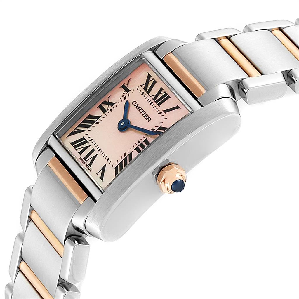 The image shows a side angle view of a Cartier Tank Francaise W51027Q4 Women's Steel and Gold (two tone) Mother of Pearl Dial W51027Q4 Women's Steel and Gold (two tone) Mother of Pearl Dial watch, featuring its dial, crown, and part of the bracelet.