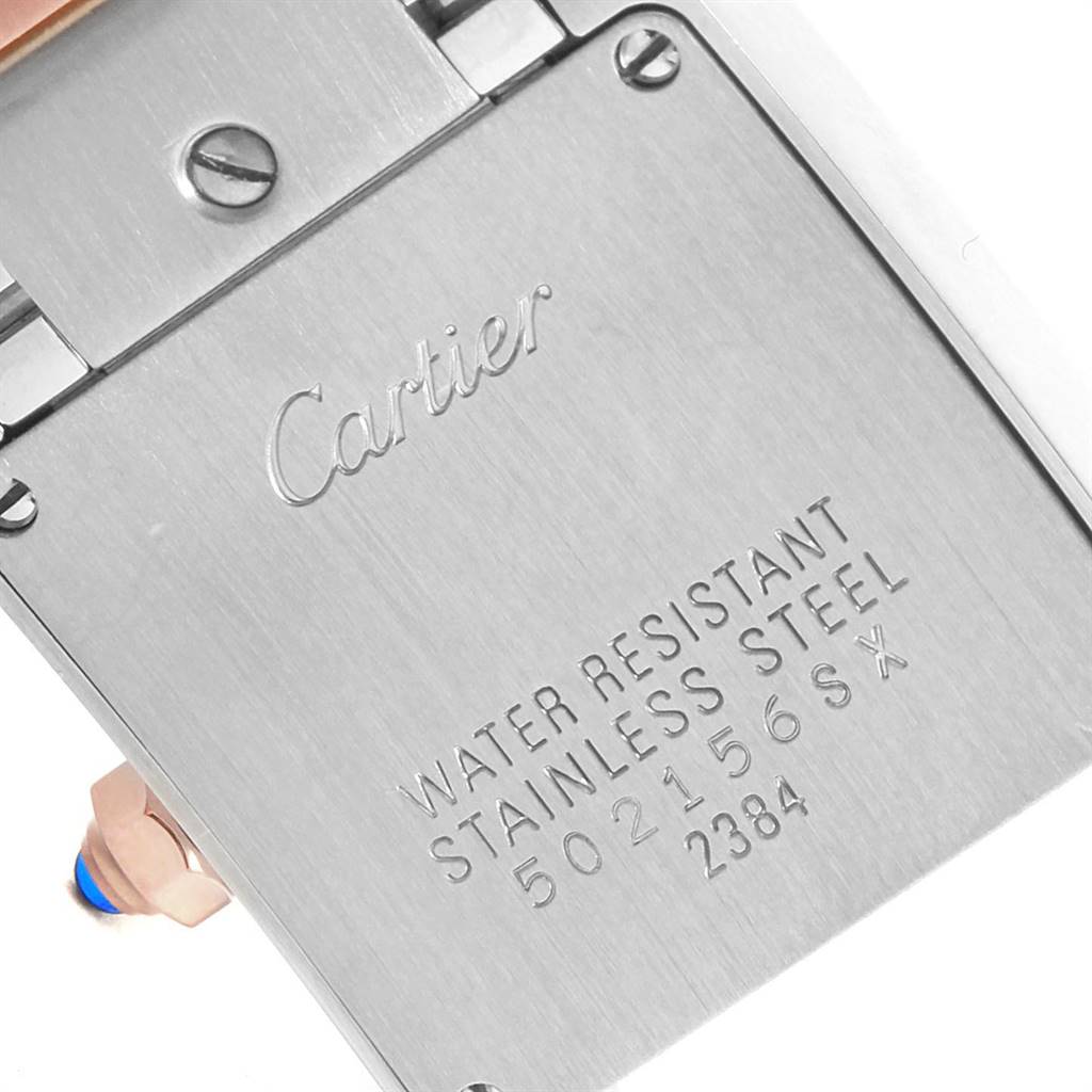 This image shows the back case of the Cartier Tank Francaise W51027Q4 Women's Steel and Gold (two tone) Mother of Pearl Dial W51027Q4 Women's Steel and Gold (two tone) Mother of Pearl Dial watch, highlighting its stainless steel material and water resistance.