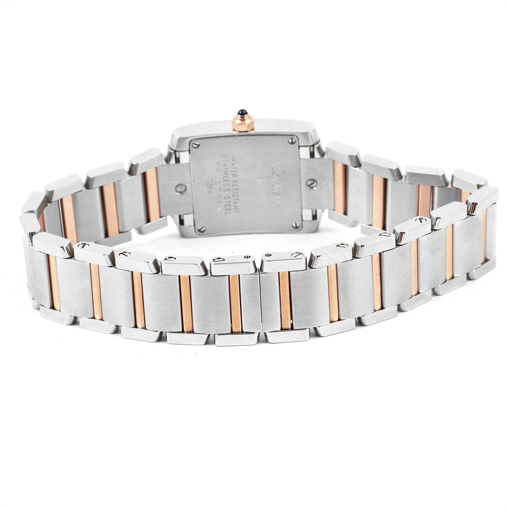 The image shows the back view of a Cartier Tank Francaise W51027Q4 Women's Steel and Gold (two tone) Mother of Pearl Dial W51027Q4 Women's Steel and Gold (two tone) Mother of Pearl Dial watch, highlighting its dual-tone metal bracelet.