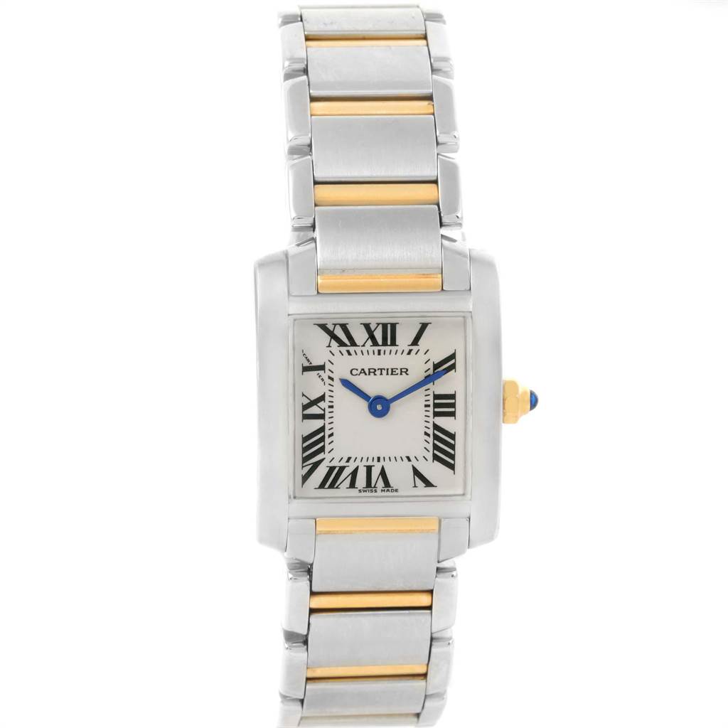 The image shows a Tank Francaise model by Cartier from a front angle, highlighting its face, Roman numerals, and the two-tone strap.