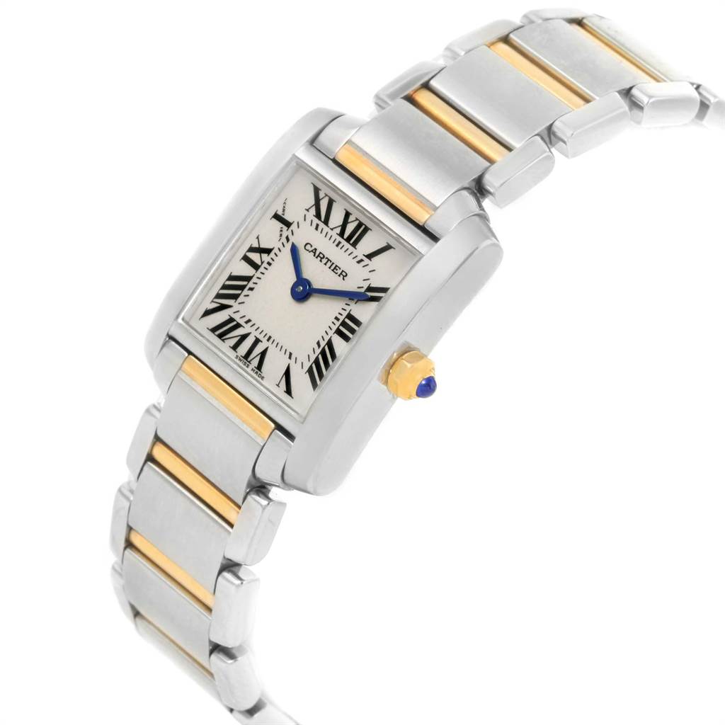 The image shows a side angle of the Cartier Tank Francaise W51007Q4 Women's Steel and Gold (two tone) Silver Dial W51007Q4 Women's Steel and Gold (two tone) Silver Dial watch, highlighting the stainless steel and gold bracelet, rectangular face, and blue hands.