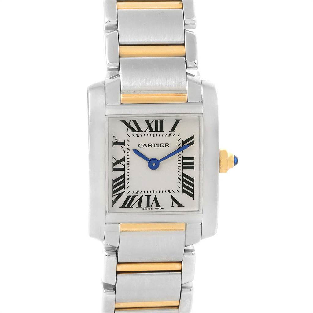 The Cartier Tank Francaise W51007Q4 Women's Steel and Gold (two tone) Silver Dial W51007Q4 Women's Steel and Gold (two tone) Silver Dial watch is shown from the front, highlighting its face and part of the strap.