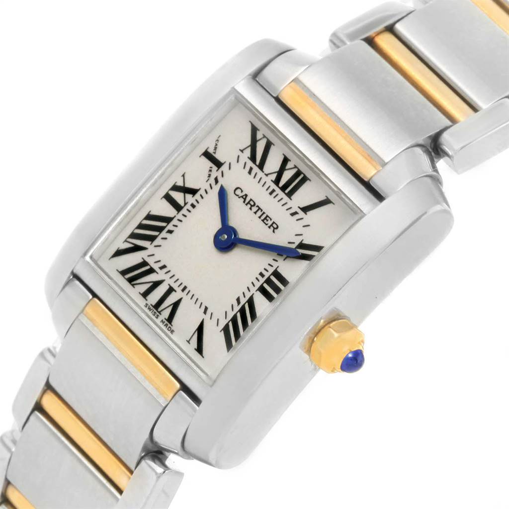 This image shows a close-up angle of the Cartier Tank Francaise W51007Q4 Women's Steel and Gold (two tone) Silver Dial W51007Q4 Women's Steel and Gold (two tone) Silver Dial watch, highlighting its case, face, and part of the bracelet.