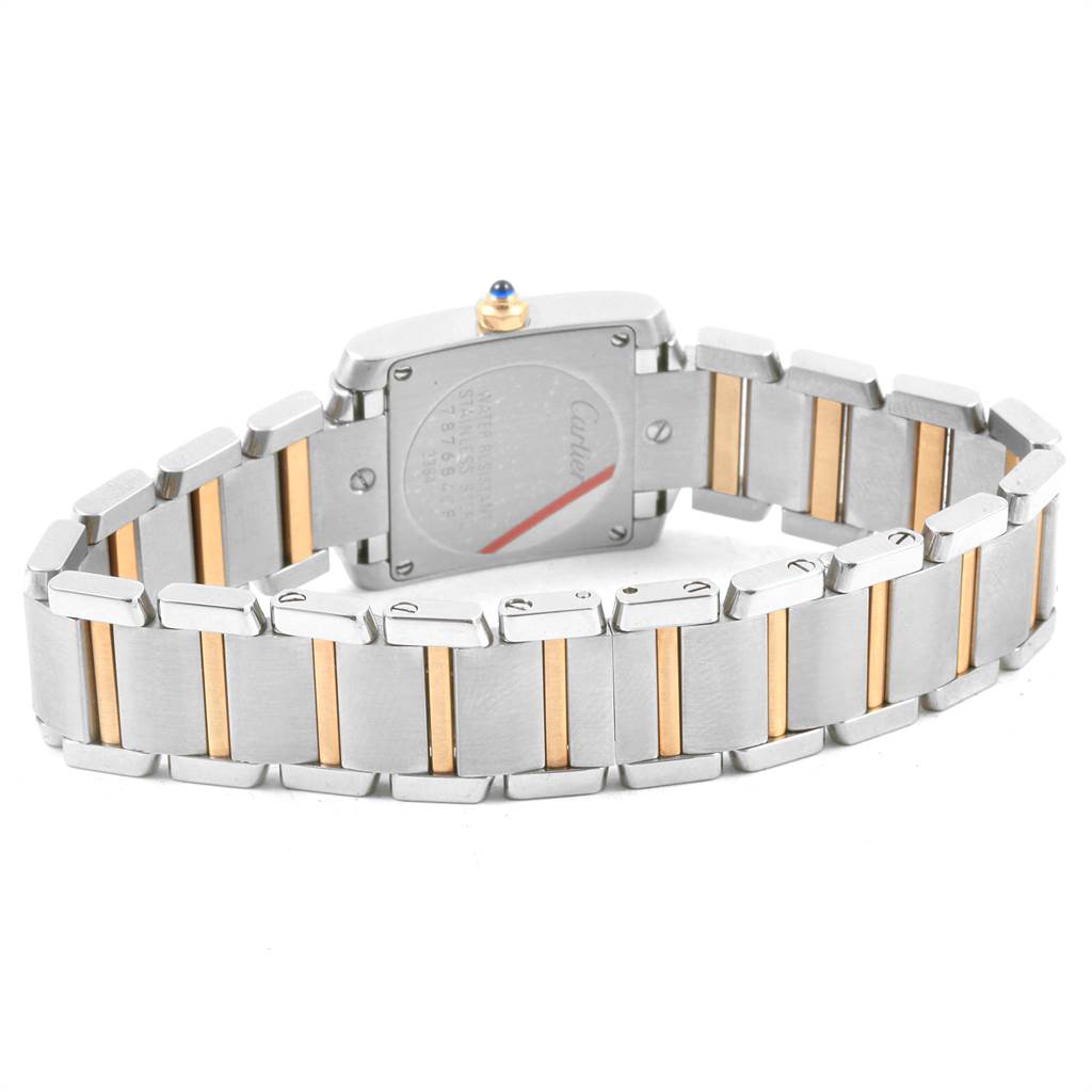 The image shows the back and band of a Cartier Tank Francaise W51007Q4 Women's Steel and Gold (two tone) Silver Dial W51007Q4 Women's Steel and Gold (two tone) Silver Dial watch from a rear angle.