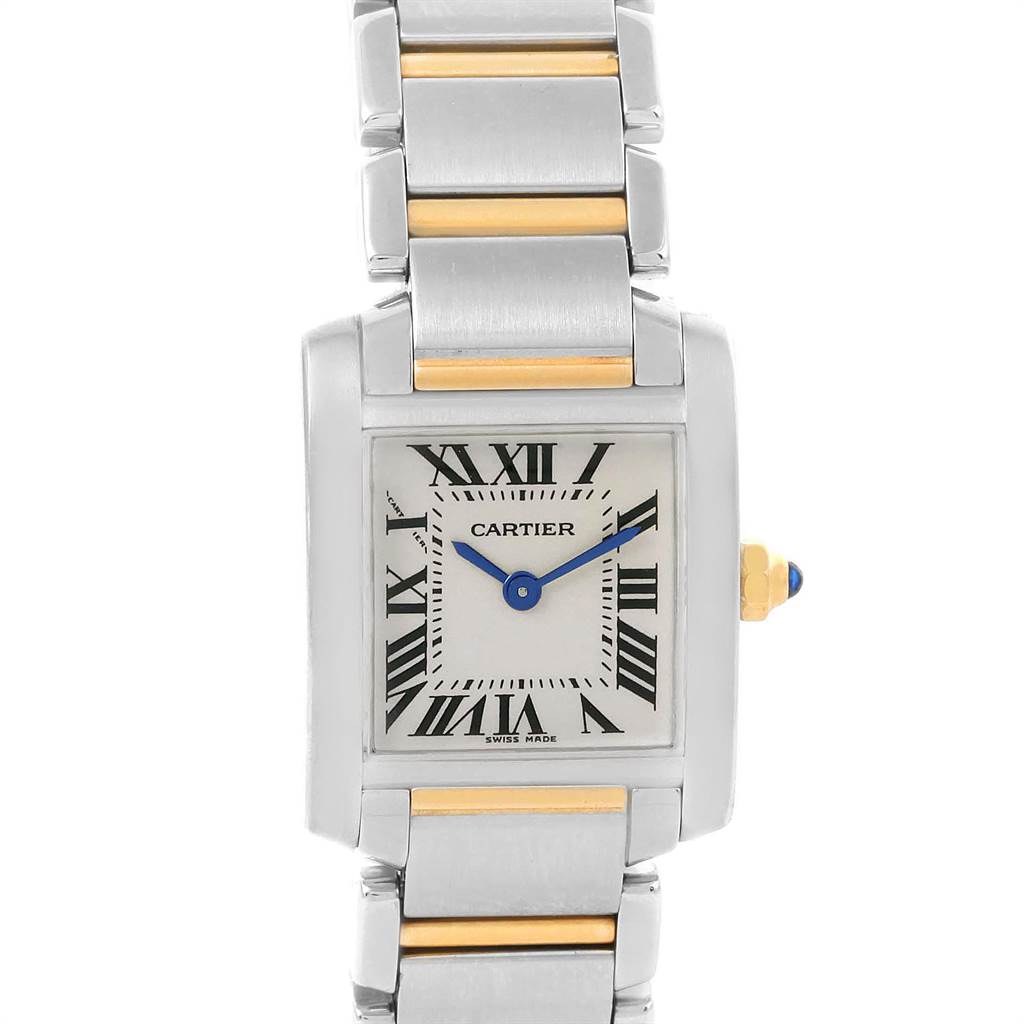 The image shows a front view of a Cartier Tank Francaise W51007Q4 Women's Steel and Gold (two tone) Silver Dial W51007Q4 Women's Steel and Gold (two tone) Silver Dial watch, featuring its face, bracelet, and crown.