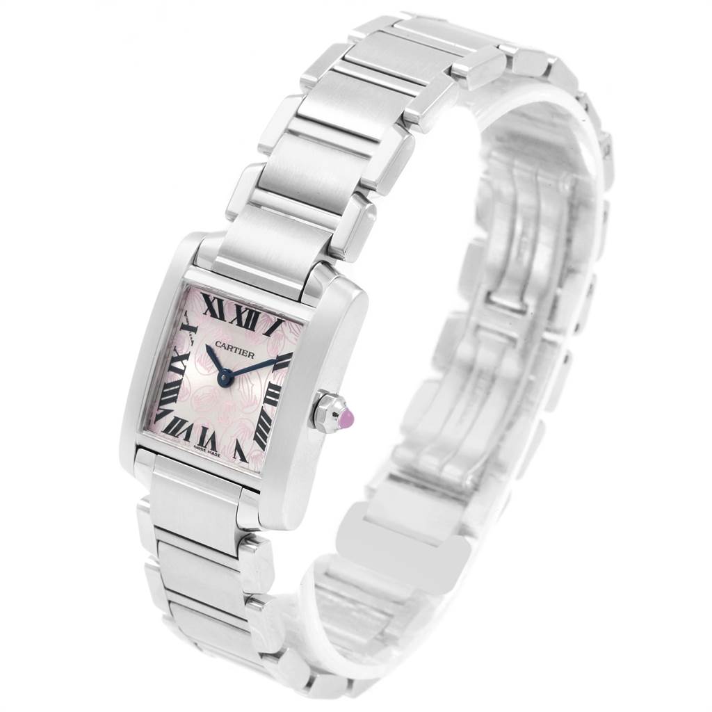 The image shows a Cartier Tank Francaise W51031Q3 Women's Stainless Steel Silver Dial W51031Q3 Women's Stainless Steel Silver Dial watch at a three-quarter angle, featuring its rectangular face and metal bracelet.