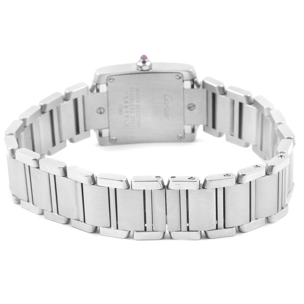 This image shows the back view of the Cartier Tank Française watch, highlighting its stainless steel bracelet and case back.