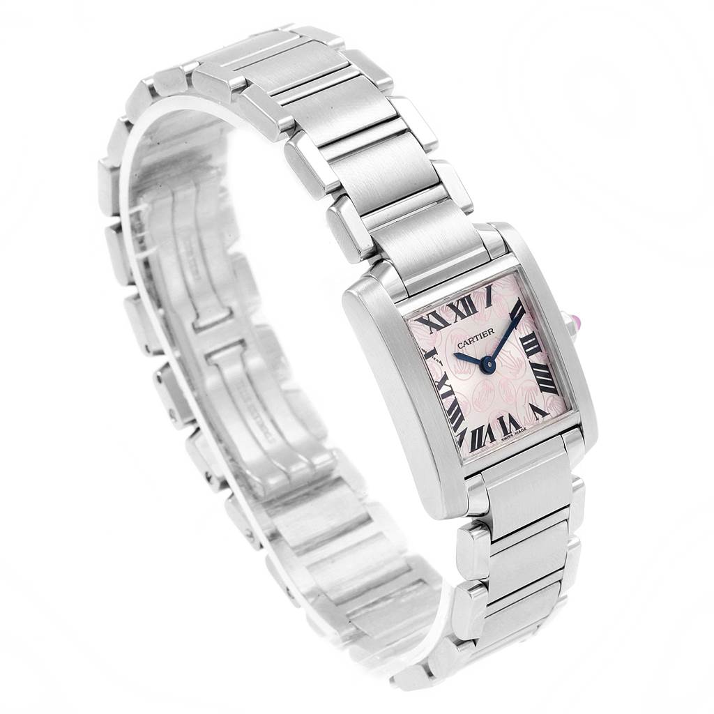 The image shows a Cartier Tank Francaise W51031Q3 Women's Stainless Steel Silver Dial W51031Q3 Women's Stainless Steel Silver Dial watch from an angle highlighting its rectangular face and stainless steel bracelet.