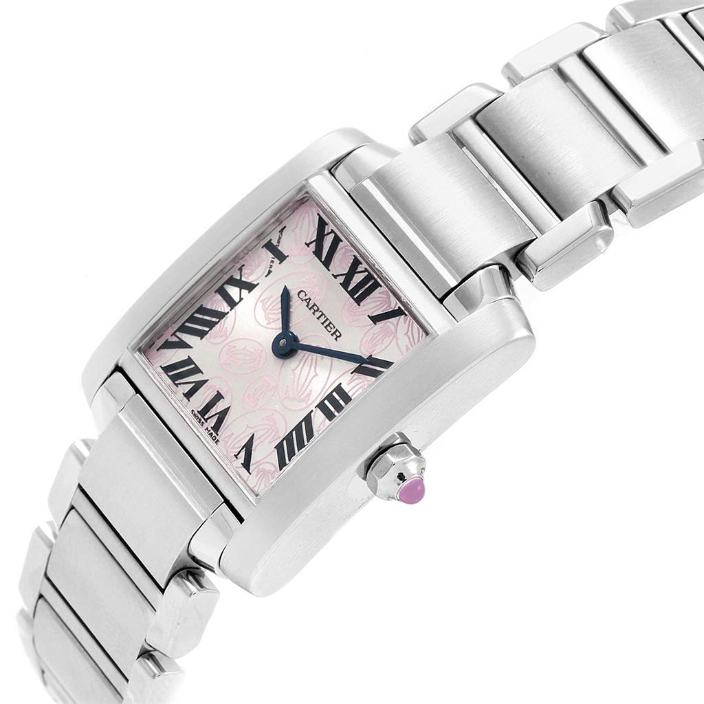 The image shows a close-up angle of a Cartier Tank Francaise W51031Q3 Women's Stainless Steel Silver Dial W51031Q3 Women's Stainless Steel Silver Dial watch, highlighting its dial, bracelet, and crown.
