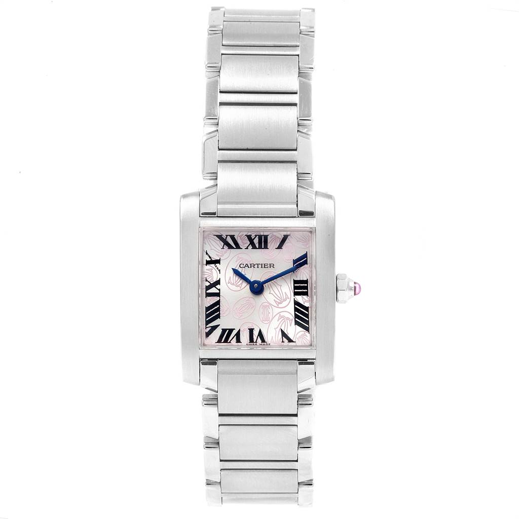 The image shows a front view of the Cartier Tank Francaise W51031Q3 Women's Stainless Steel Silver Dial W51031Q3 Women's Stainless Steel Silver Dial watch, highlighting its rectangular face, metal bracelet, and blue hands.
