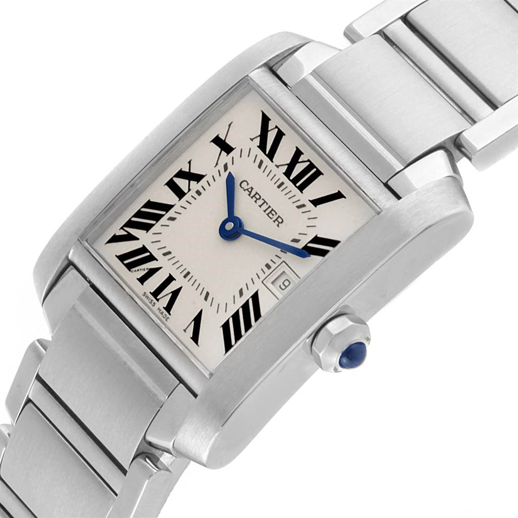 This image shows a Cartier Tank Francaise W51011Q3 Women's Stainless Steel Silver Dial W51011Q3 Women's Stainless Steel Silver Dial watch at a slight angle, highlighting its face, bracelet, and crown.