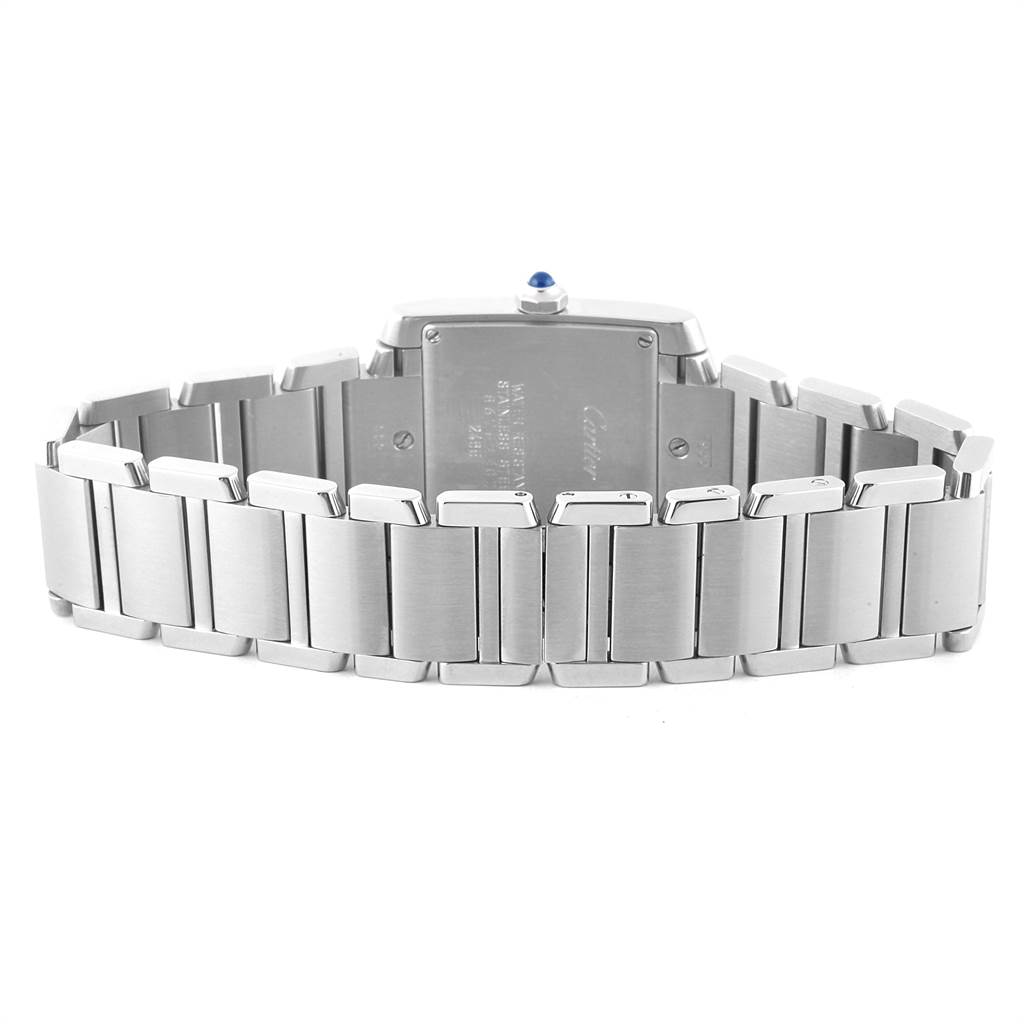 The image shows the back and bracelet of a Cartier Tank Francaise W51011Q3 Women's Stainless Steel Silver Dial W51011Q3 Women's Stainless Steel Silver Dial watch, highlighting its stainless steel links and case back.