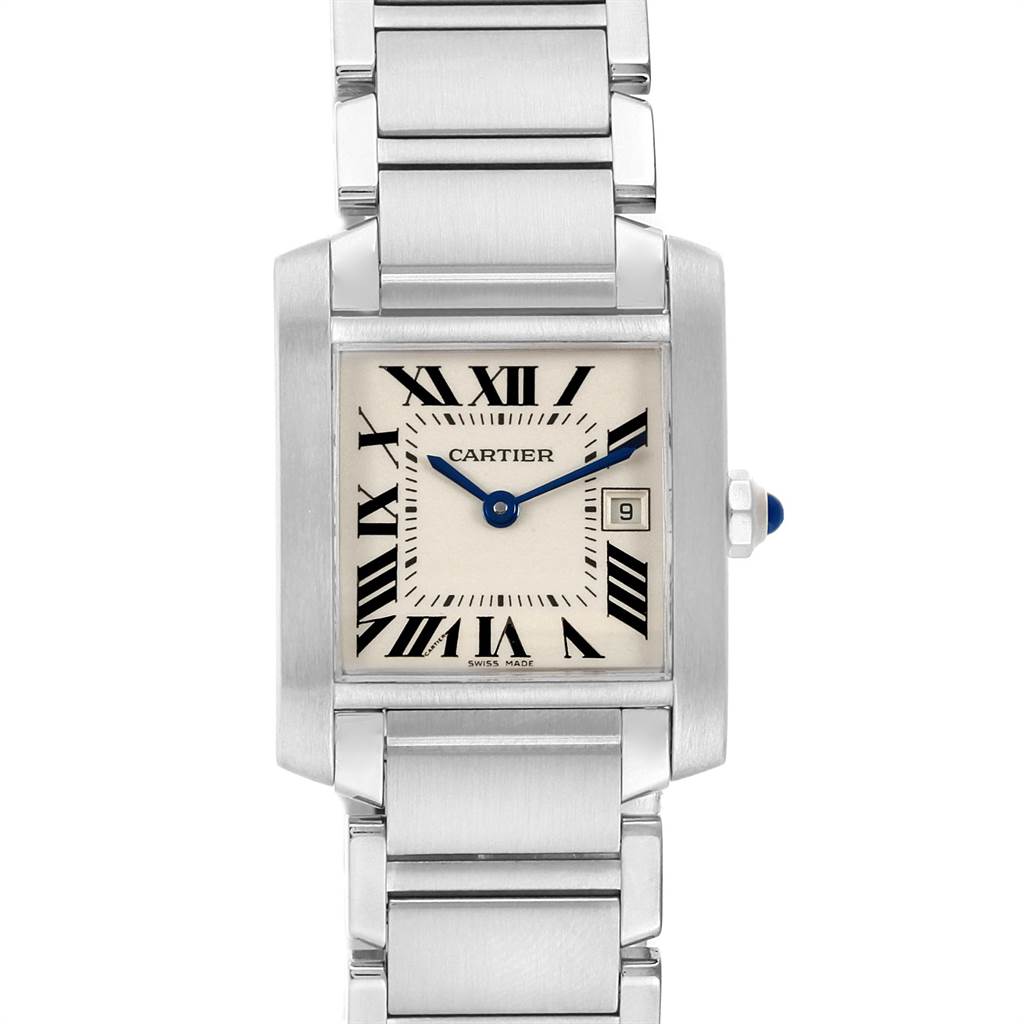 The image shows a front view of the Cartier Tank Francaise W51011Q3 Women's Stainless Steel Silver Dial W51011Q3 Women's Stainless Steel Silver Dial watch, displaying its face, bracelet, and crown.