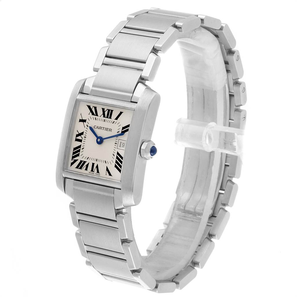The image shows a side and angled view of the Cartier Tank Française watch, highlighting the face, bracelet, and crown.