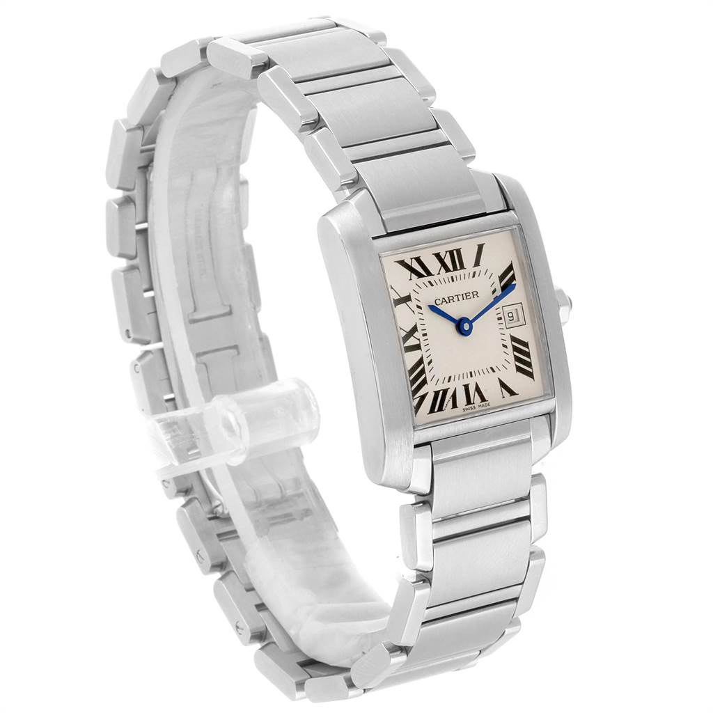 The Cartier Tank Francaise W51011Q3 Women's Stainless Steel Silver Dial W51011Q3 Women's Stainless Steel Silver Dial watch is shown from an angled front view, highlighting its face and stainless steel bracelet.