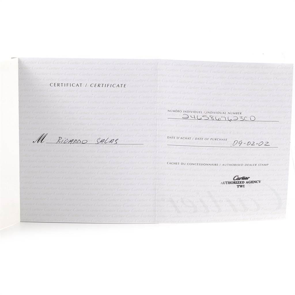 The image shows the certificate of authenticity and warranty card for a Cartier Tank Francaise W51011Q3 Women's Stainless Steel Silver Dial W51011Q3 Women's Stainless Steel Silver Dial watch.