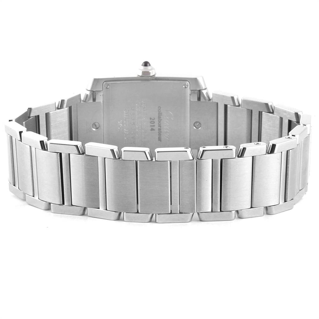 This image shows the back and stainless steel bracelet of a Cartier Tank Francaise WE110007 Women's Stainless Steel Silver Dial WE110007 Women's Stainless Steel Silver Dial watch from a rear angle.