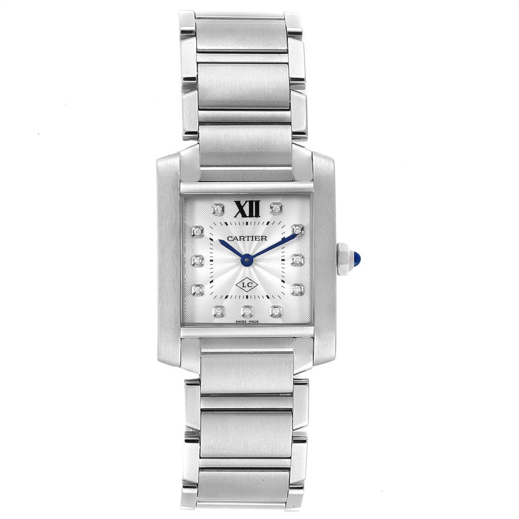 The image shows a frontal view of a Tank Française watch by Cartier, displaying the bracelet, case, dial, and crown.