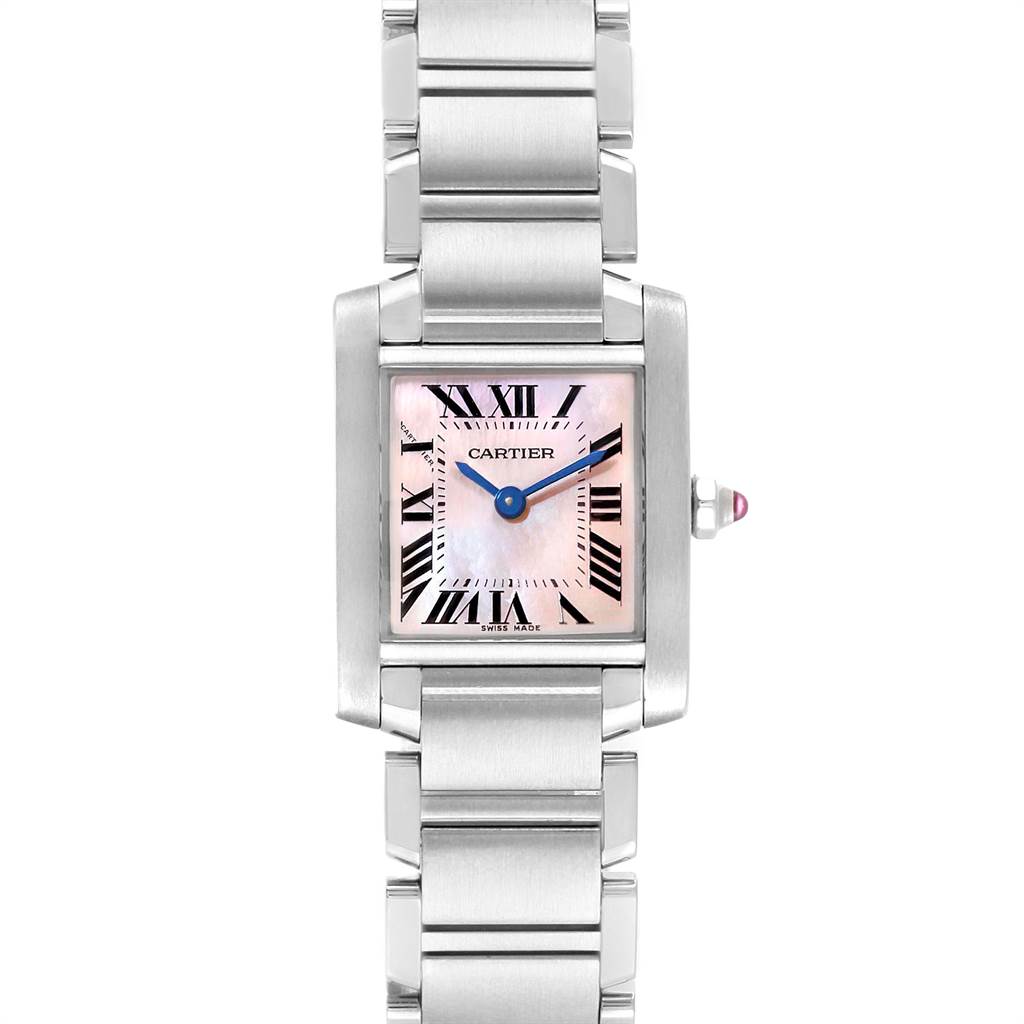 The Cartier Tank Francaise W51028Q3 Women's Stainless Steel Mother of Pearl Dial W51028Q3 Women's Stainless Steel Mother of Pearl Dial watch is shown from a top-down angle, highlighting its face and bracelet.