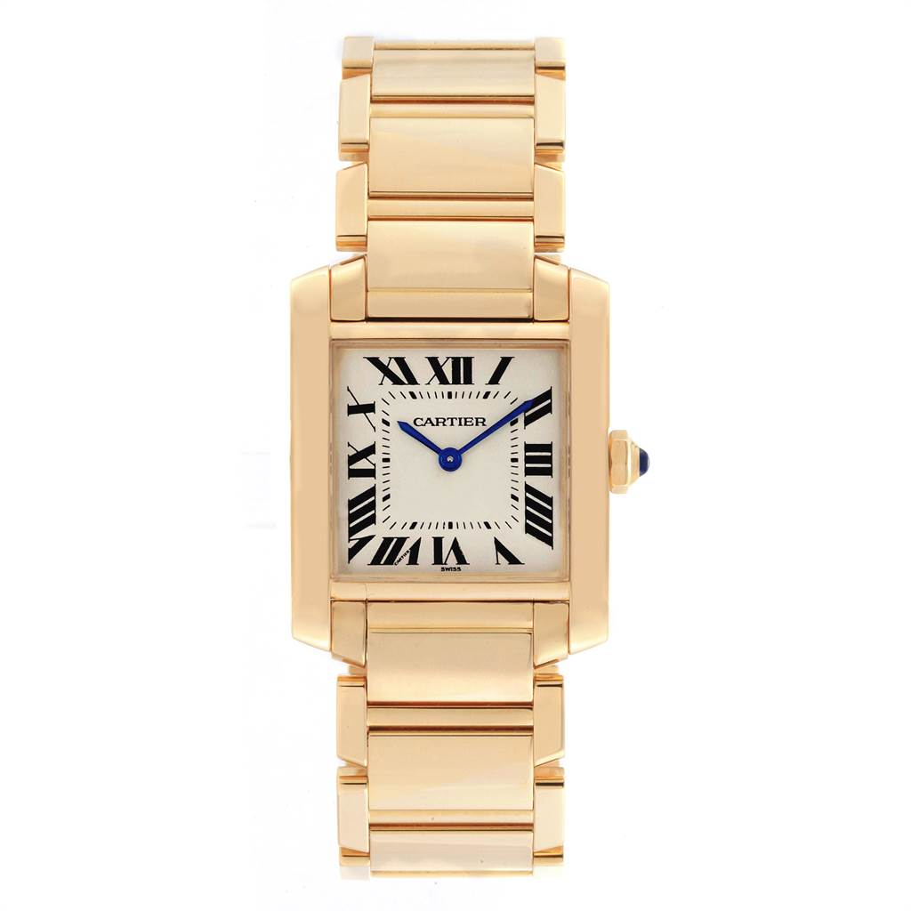 The image shows a Cartier Tank Francaise W50003N2 Women's Yellow Gold Silver Dial W50003N2 Women's Yellow Gold Silver Dial watch, face-up, fully displaying the dial and the gold bracelet.