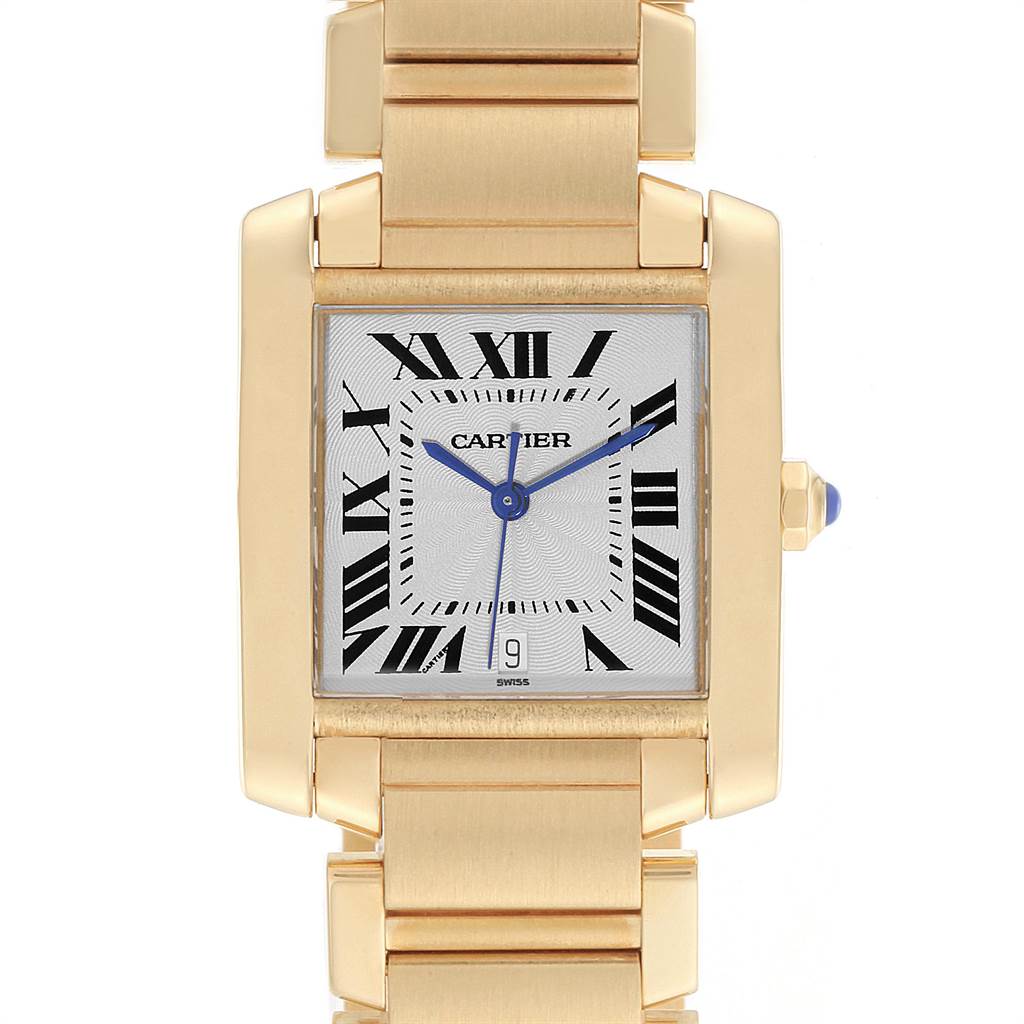 The image shows a full frontal view of the Cartier Tank Francaise W50001R2 Women's Yellow Gold Silver Dial W50001R2 Women's Yellow Gold Silver Dial watch, highlighting its rectangular dial, gold casing, and bracelet.