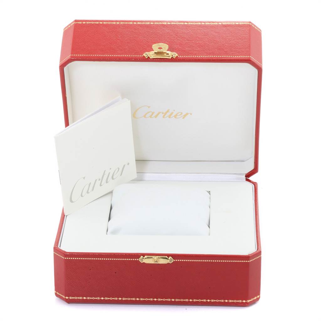 The image shows an open red Cartier box with a pillow and booklet for the Tank Francaise model watch.