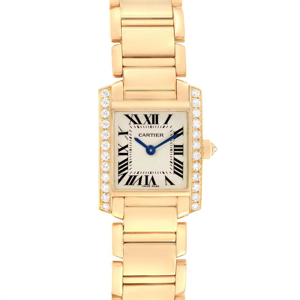 The image shows a front view of the Cartier Tank Francaise WE1001R8 Women's Yellow Gold Silver Dial WE1001R8 Women's Yellow Gold Silver Dial watch, highlighting its gold bracelet, diamond-accented bezel, and rectangular face.