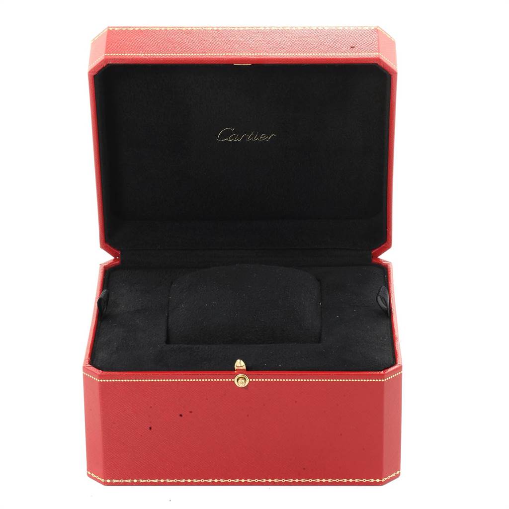 This image shows an open red Cartier watch box for the Tank Francaise model, displaying its interior with black cushioning.