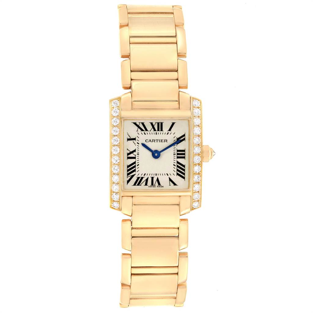 This image shows a Tank Francaise watch by Cartier from a top view, featuring the watch face, bracelet, and diamonds on the bezel.
