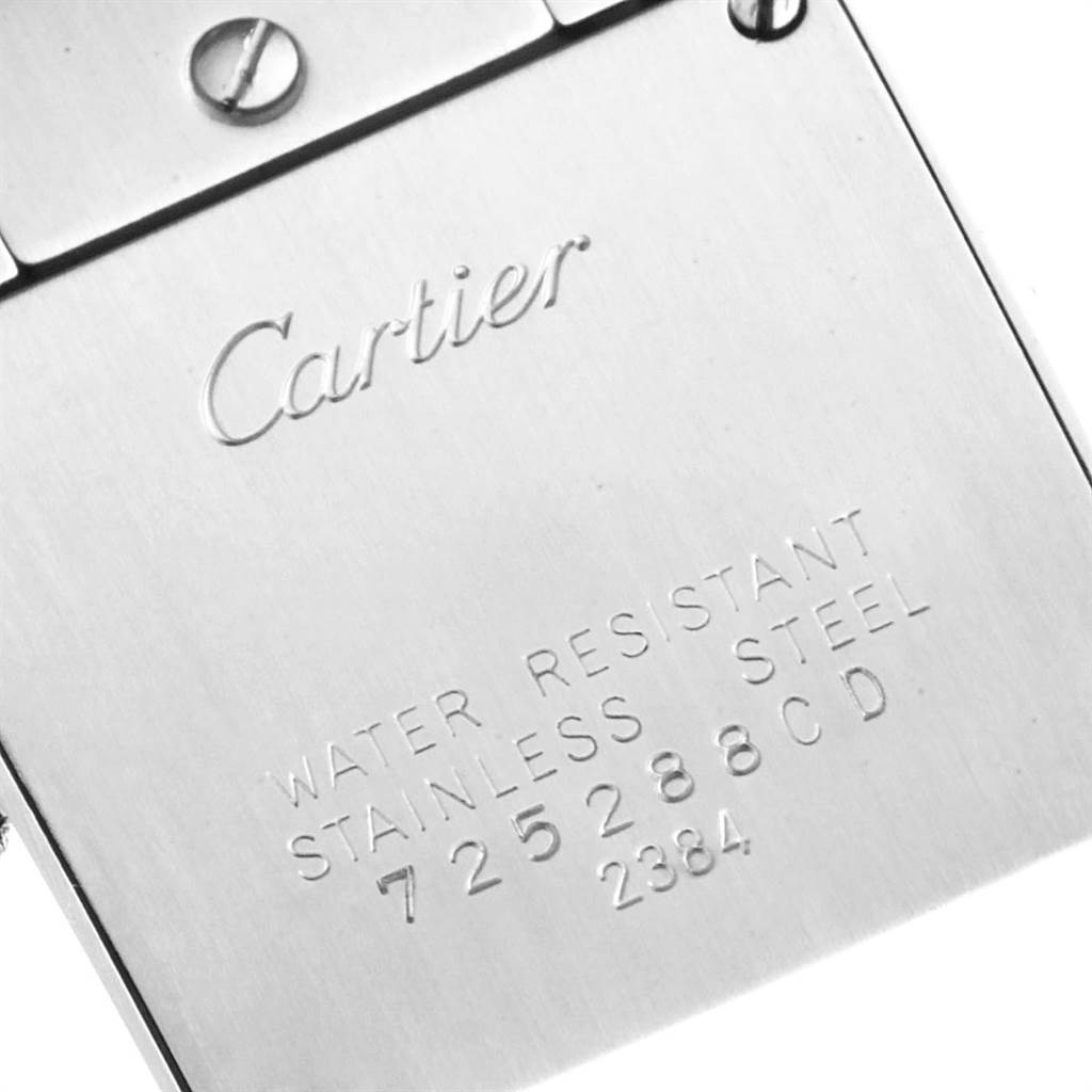 The image shows the back casing of a Cartier Tank Francaise W51008Q3 Women's Stainless Steel Silver Dial W51008Q3 Women's Stainless Steel Silver Dial watch, detailing it as water-resistant stainless steel.