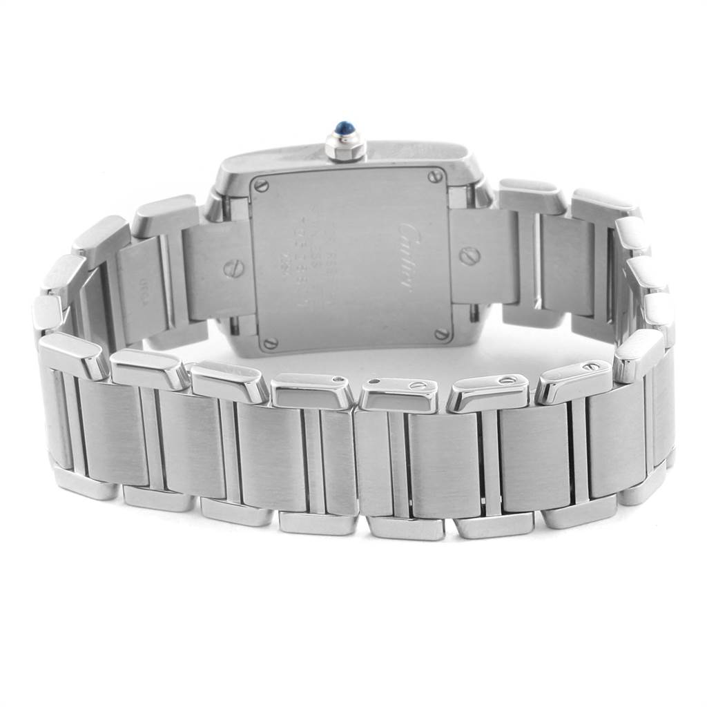 The image shows the back view of a Cartier Tank Francaise W51008Q3 Women's Stainless Steel Silver Dial W51008Q3 Women's Stainless Steel Silver Dial watch, highlighting its stainless steel bracelet and case back.