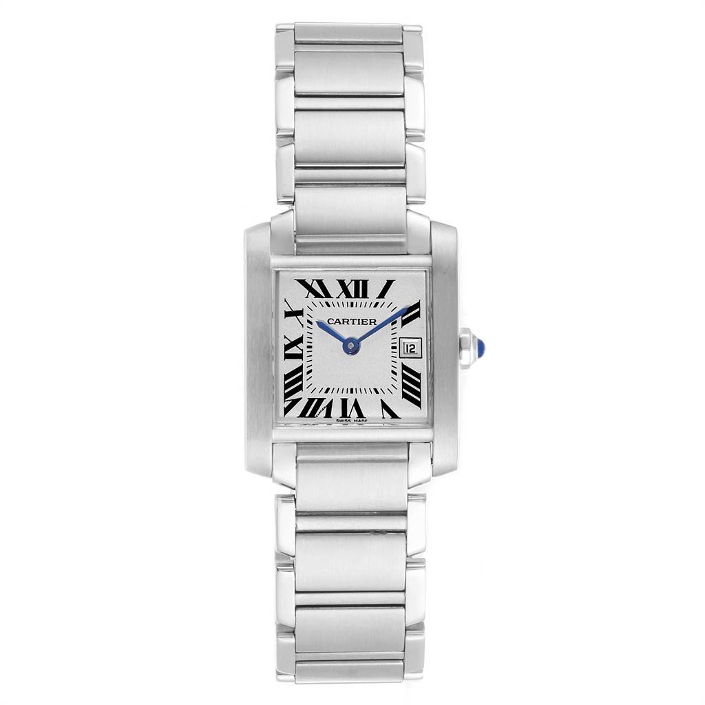 The image shows the Cartier Tank Francaise W51011Q3 Women's Stainless Steel Silver Dial W51011Q3 Women's Stainless Steel Silver Dial watch from a top-down angle, highlighting the face, bezel, and bracelet.