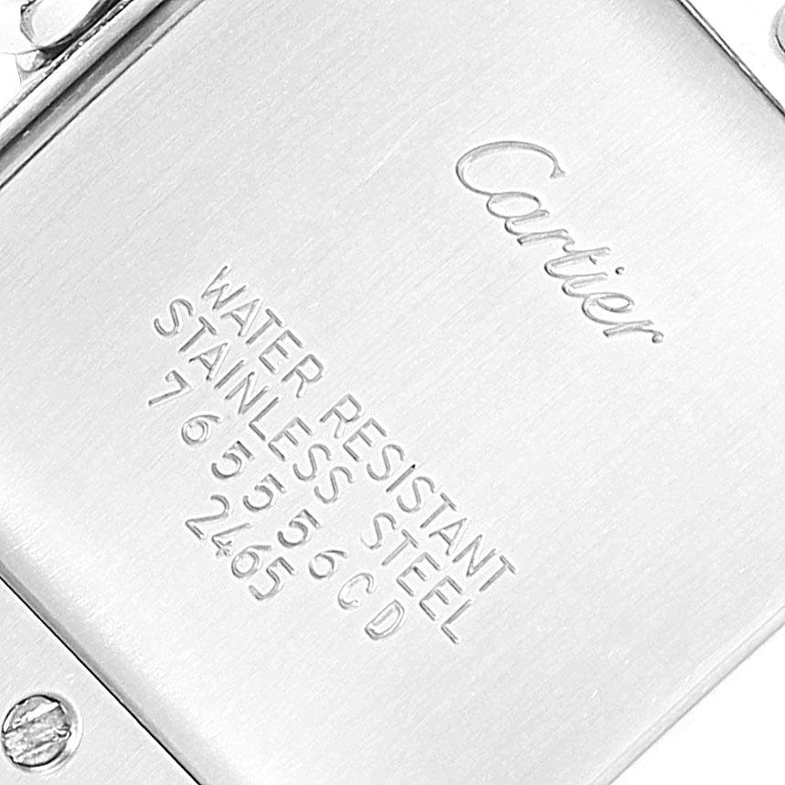 This image shows the back of a Tank Francaise model by Cartier, highlighting its engravings on the stainless steel case.