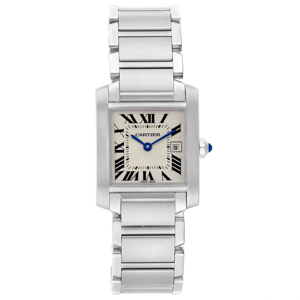 This image shows a Tank Francaise watch by Cartier, highlighting its face, bracelet, and the crown with a blue cabochon.