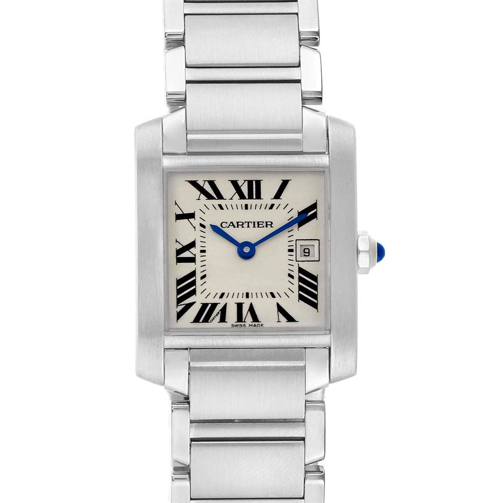The image shows a front view of the Cartier Tank Francaise W51011Q3 Women's Stainless Steel Silver Dial W51011Q3 Women's Stainless Steel Silver Dial watch, highlighting its rectangular face and stainless steel bracelet.