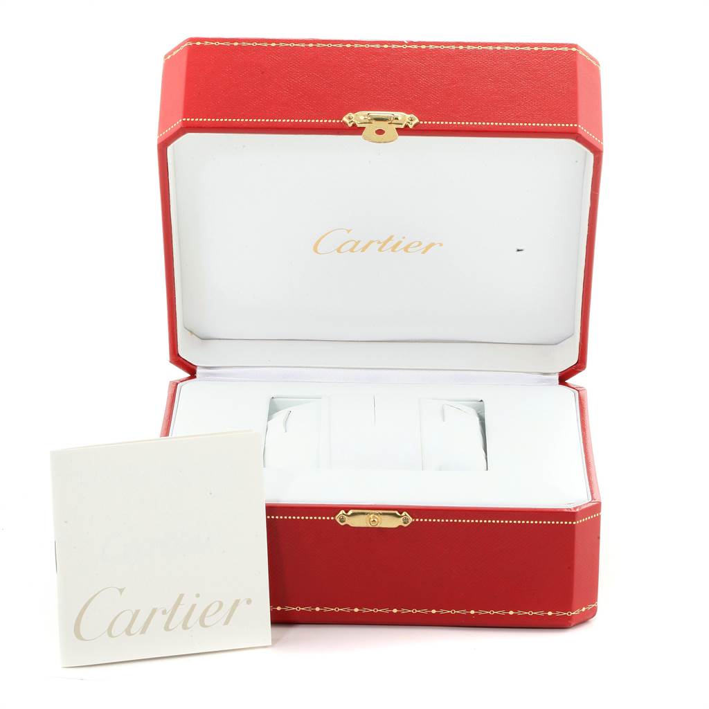 The image shows a Cartier Tank Francaise W51011Q3 Women's Stainless Steel Silver Dial W51011Q3 Women's Stainless Steel Silver Dial watch box and manual from a front angle.