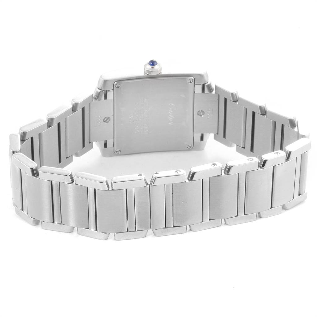 This image shows the back case and metal bracelet of the Cartier Tank Française watch from a rear angle.