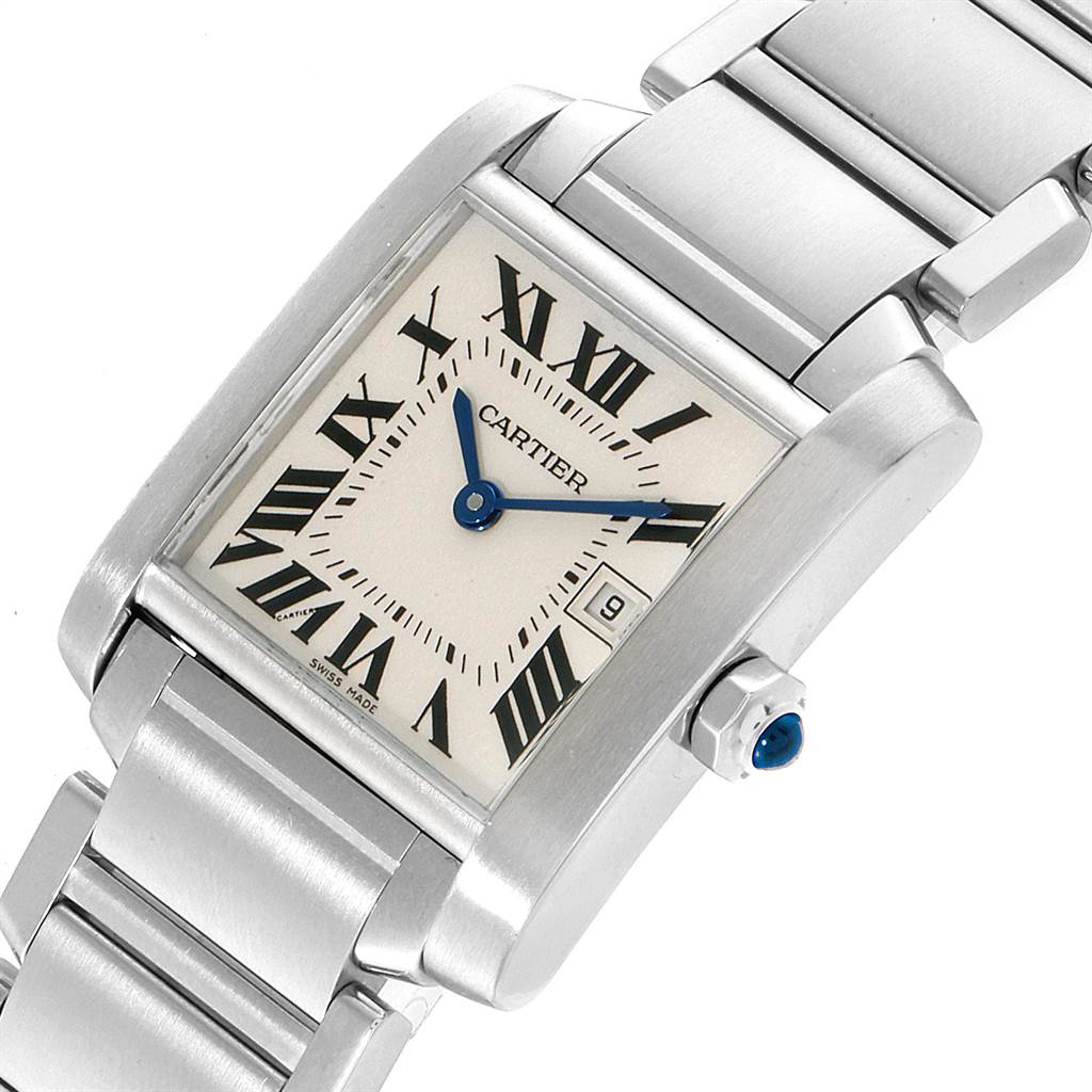 The Cartier Tank Francaise W51011Q3 Women's Stainless Steel Silver Dial W51011Q3 Women's Stainless Steel Silver Dial watch is shown at an angle highlighting the face, Roman numerals, date window, and metal bracelet.