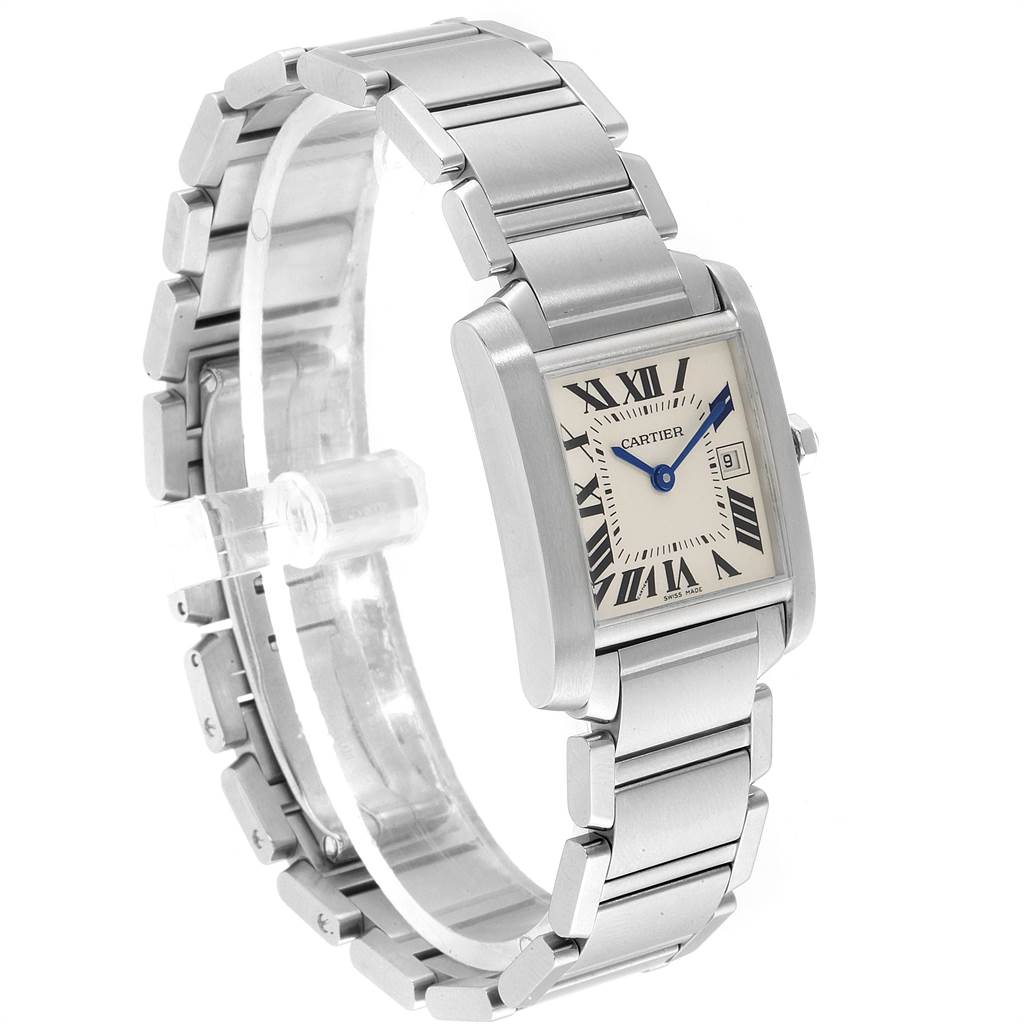 The Cartier Tank Francaise W51011Q3 Women's Stainless Steel Silver Dial W51011Q3 Women's Stainless Steel Silver Dial watch is shown at a side-angle, displaying its rectangular dial and metal bracelet.