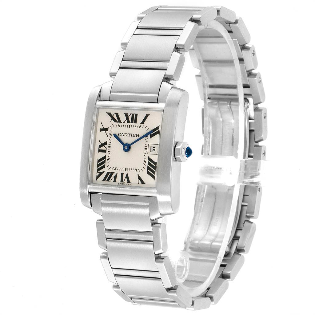 This image shows a Cartier Tank Francaise W51011Q3 Women's Stainless Steel Silver Dial W51011Q3 Women's Stainless Steel Silver Dial watch at a slight left angle, displaying the face, bracelet, and crown.