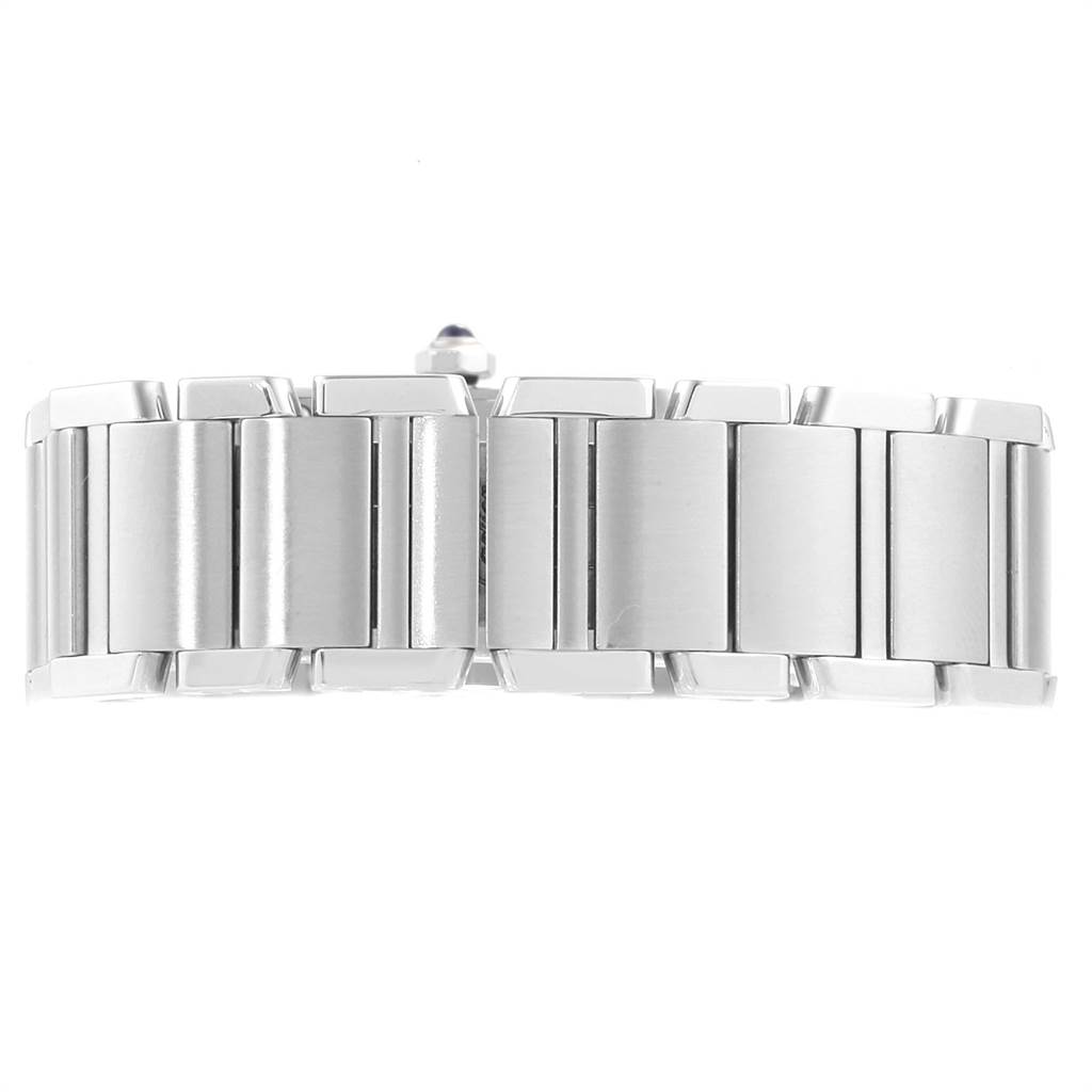 This image shows a close-up of the stainless steel bracelet of the Cartier Tank Francaise W51011Q3 Women's Stainless Steel Silver Dial W51011Q3 Women's Stainless Steel Silver Dial watch.