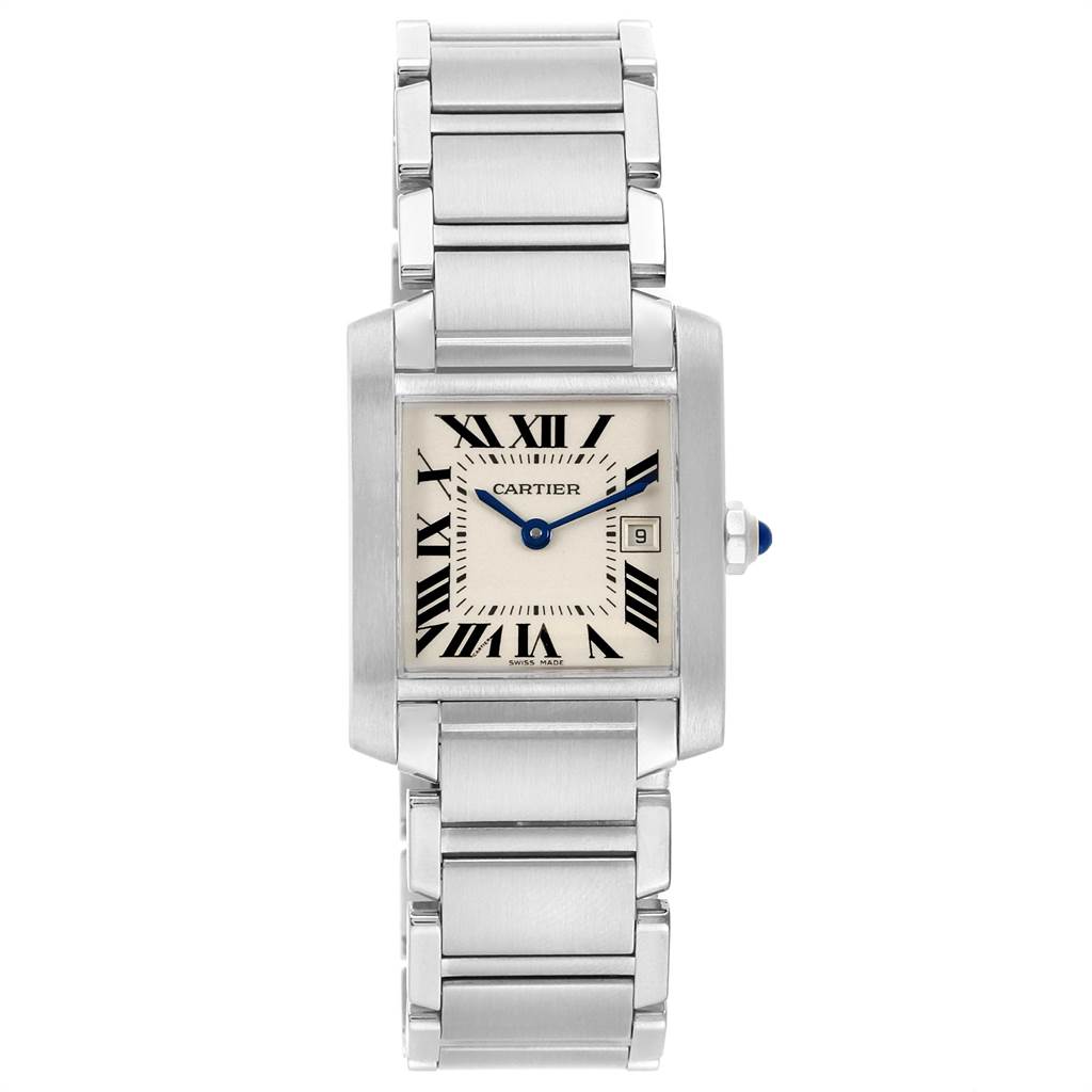 This is a straight-on view of the Cartier Tank Française watch, showcasing its face, bracelet, and crown.