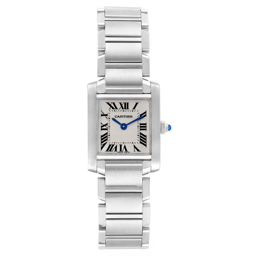 This is an overhead view of the Cartier Tank Francaise W51008Q3 Women's Stainless Steel Silver Dial W51008Q3 Women's Stainless Steel Silver Dial watch showing the face, bracelet, and crown.