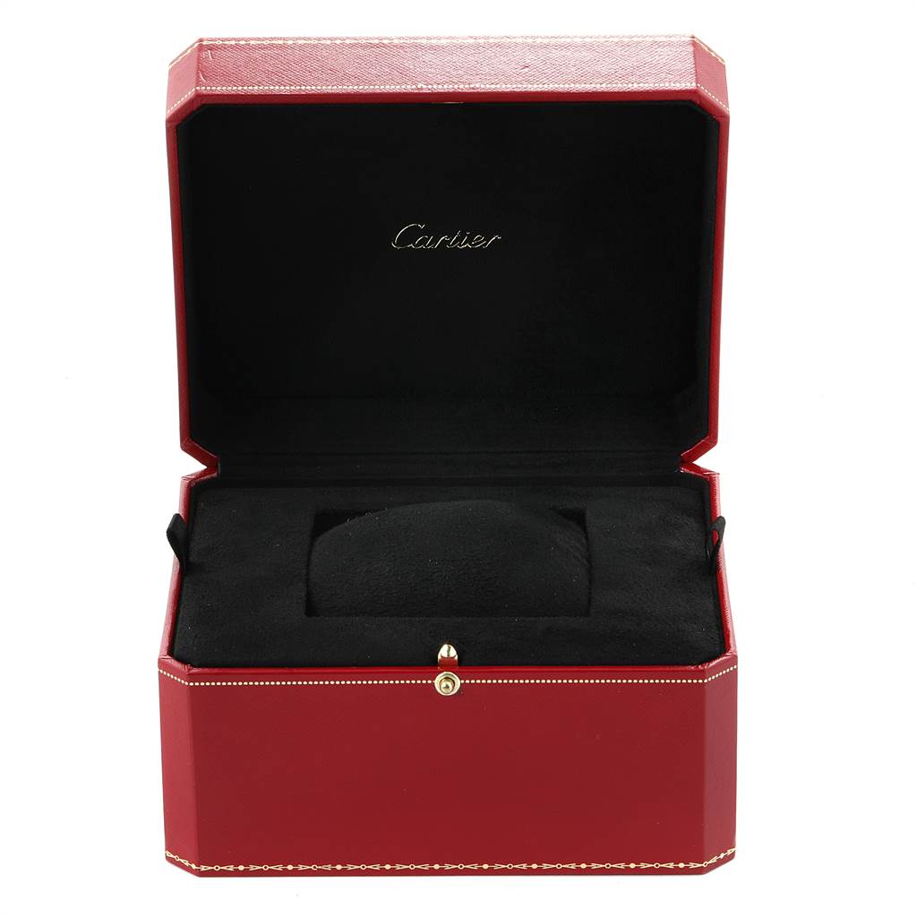 The image shows an open red Cartier box, likely for the Tank Francaise watch model, with black interior padding.